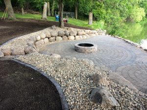 fire pit built into the ground surrounded by bricks